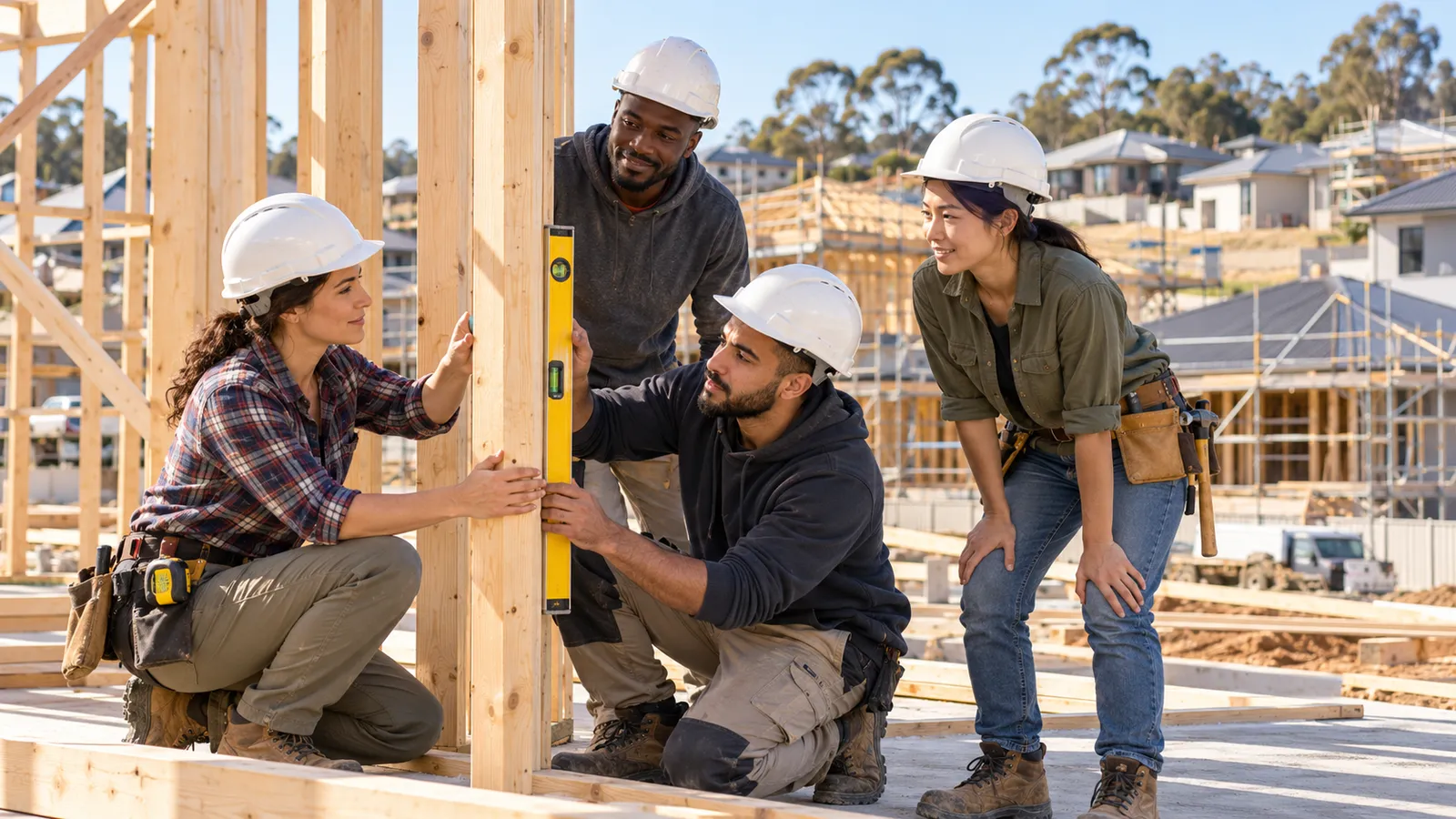 Quatre professionnels du bâtiment vérifient l’aplomb d’un montant en bois sur un chantier résidentiel en Australie.
