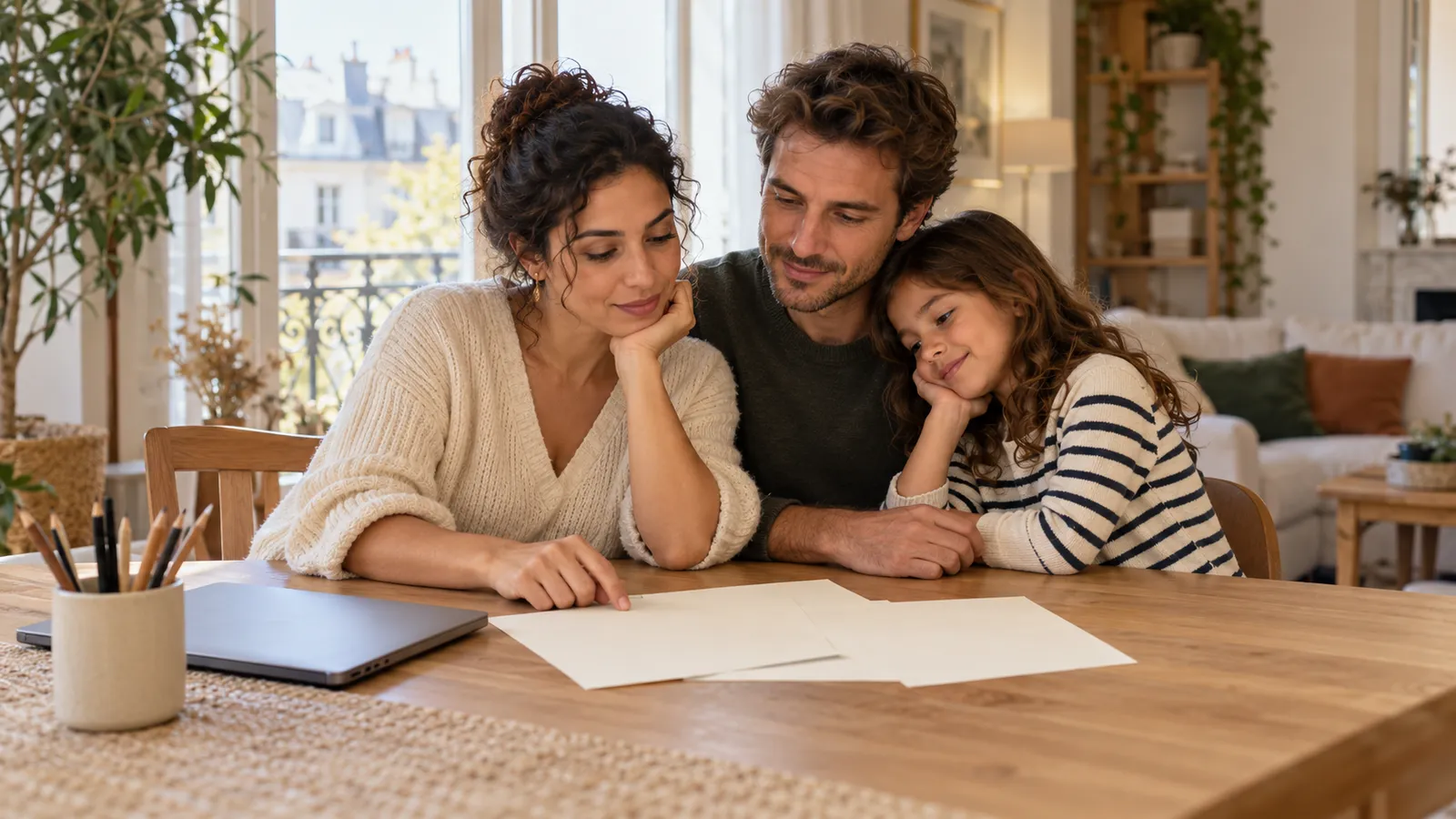 Un couple et son enfant regardent des feuilles sur une table, près d’un ordinateur fermé, dans un appartement lumineux.