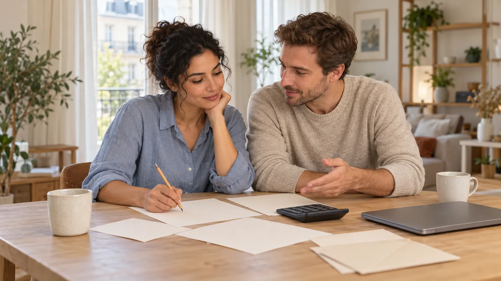 Un couple prépare son budget à la maison, avec des feuilles, une calculatrice et un ordinateur portable fermé sur la table.