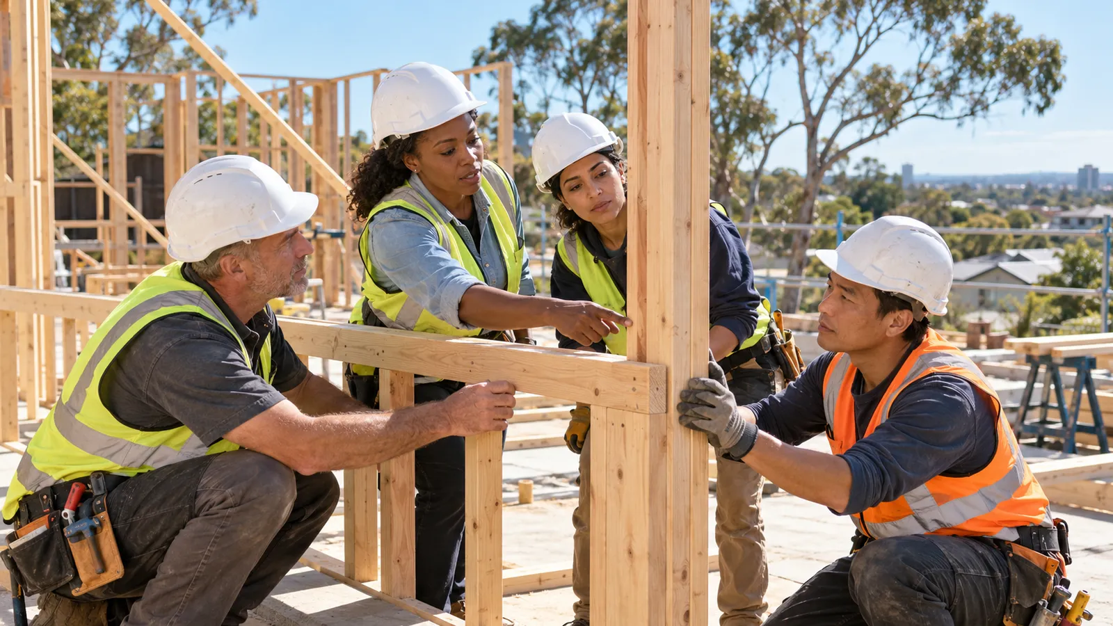 Quatre professionnels casqués coordonnent l’assemblage d’une ossature en bois sur un chantier australien ensoleillé.