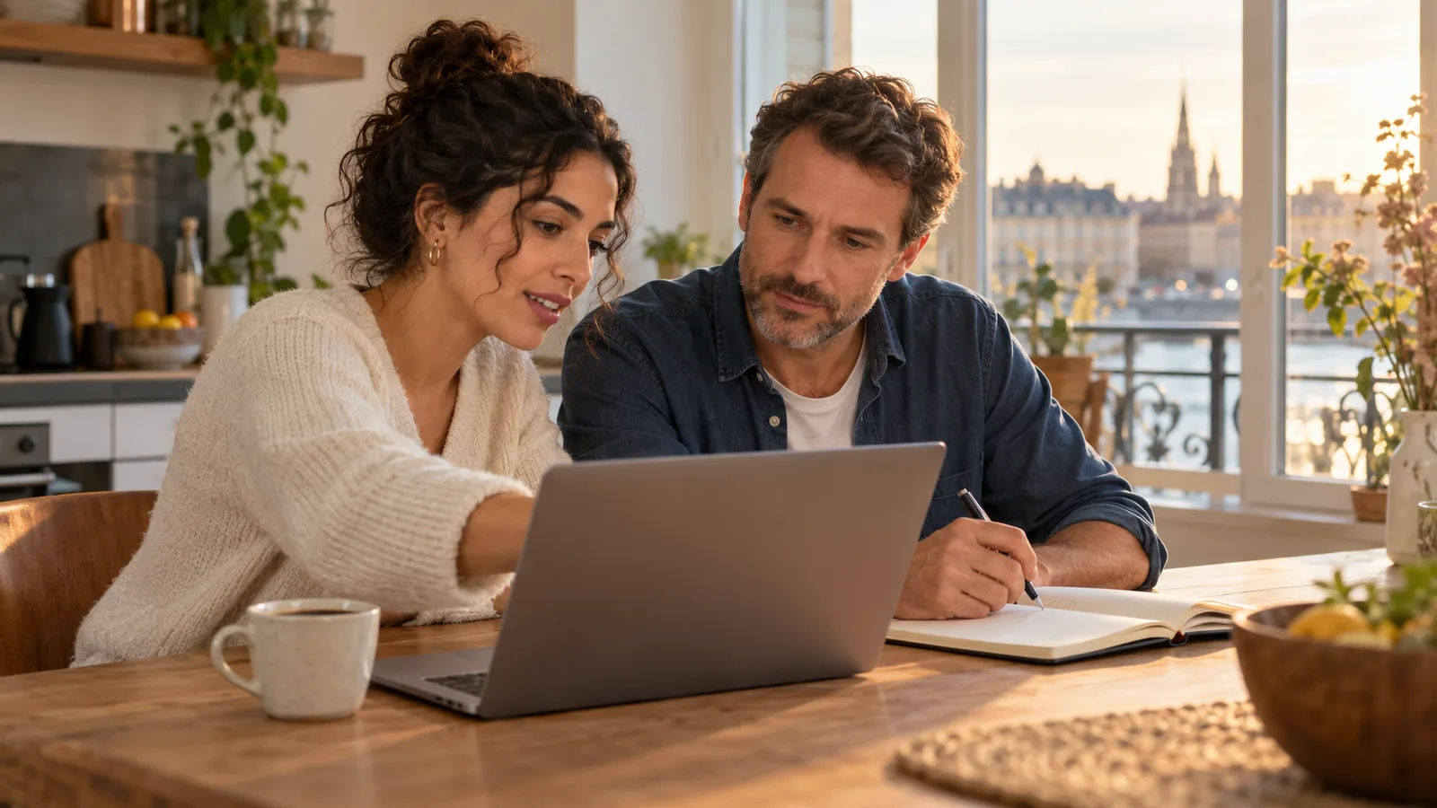 Une femme et un homme consultent un ordinateur portable et prennent des notes dans une cuisine lumineuse à Bordeaux.