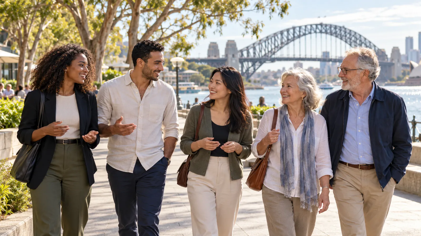 Cinq adultes de générations et d’origines variées discutent au bord de l’eau, devant le Harbour Bridge de Sydney.
