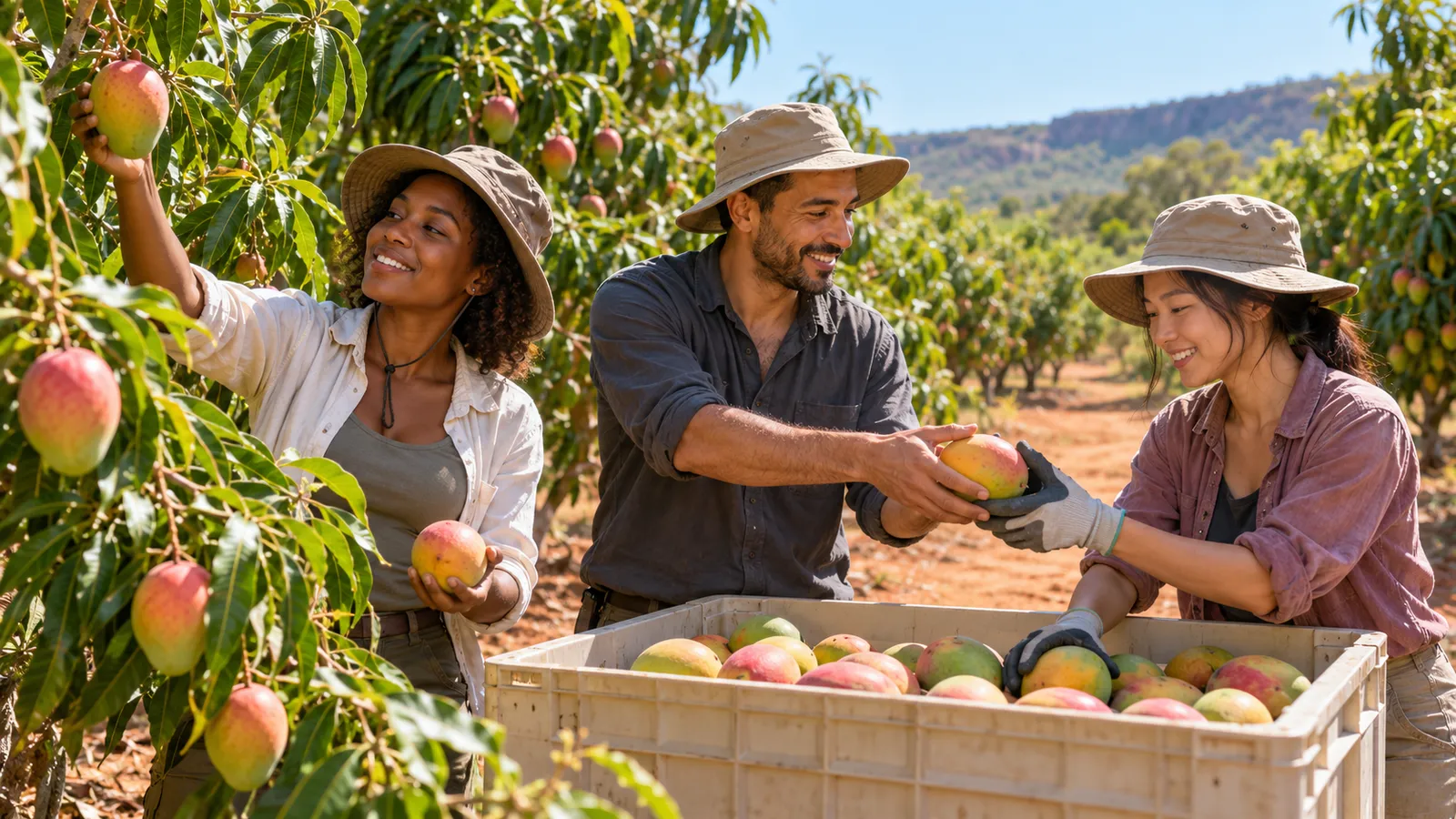 Trois travailleurs saisonniers récoltent des mangues dans un verger australien ensoleillé.