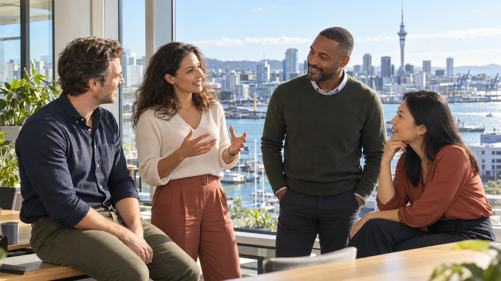 Quatre professionnels échangent dans un bureau lumineux donnant sur le port d’Auckland et la Sky Tower.