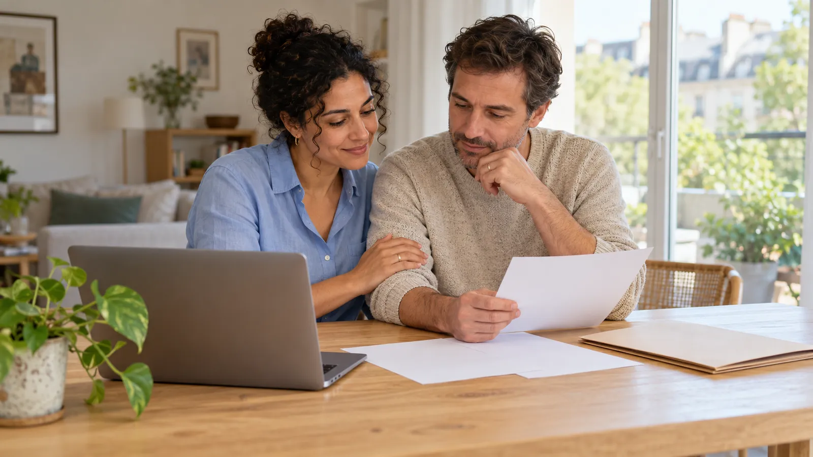 Un couple examine des documents à une table, près d’un ordinateur portable, dans un appartement lumineux.