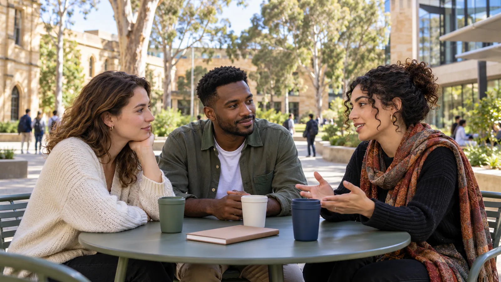Trois étudiants adultes discutent autour d’une table dans la cour ensoleillée d’un campus australien.