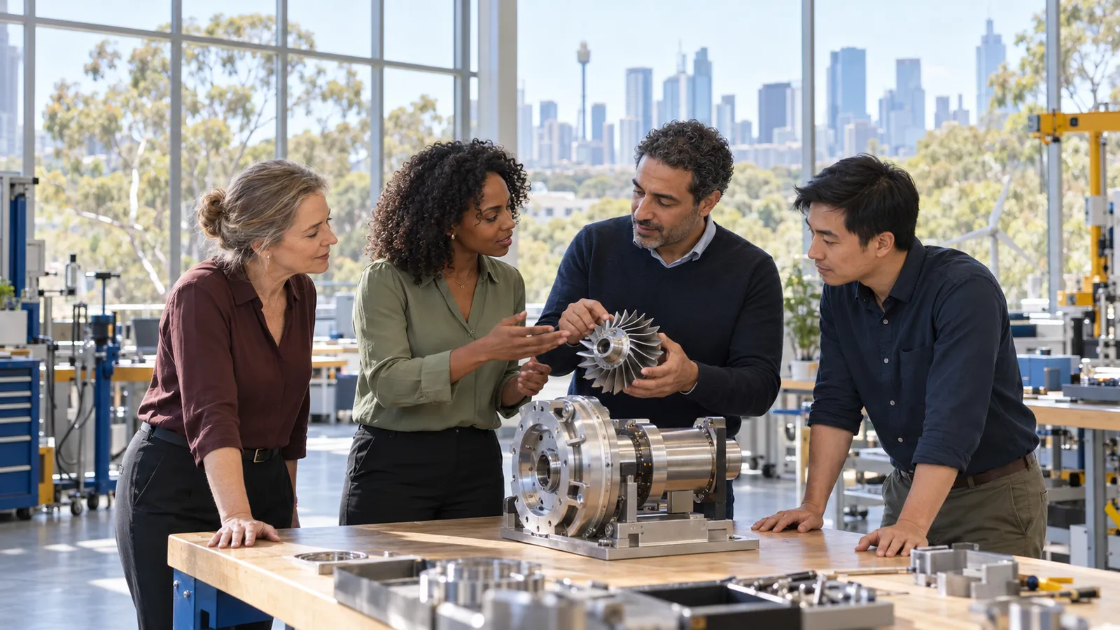 Quatre collègues examinent une pièce de turbine dans un atelier lumineux, avec les gratte-ciel de Sydney en arrière-plan.