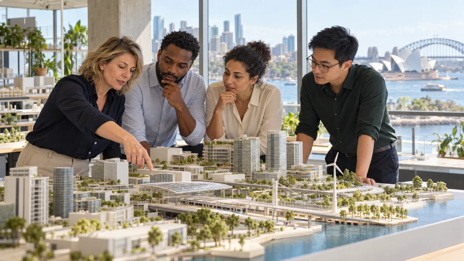 Quatre collègues étudient une maquette urbaine dans un bureau lumineux avec vue sur l’opéra de Sydney.