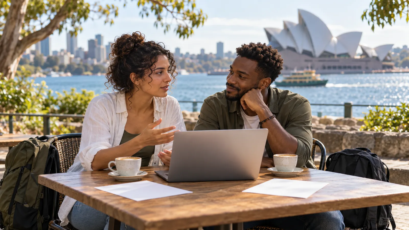 Deux voyageurs discutent devant un ordinateur en terrasse, avec leurs sacs à dos et l’Opéra de Sydney en arrière-plan.