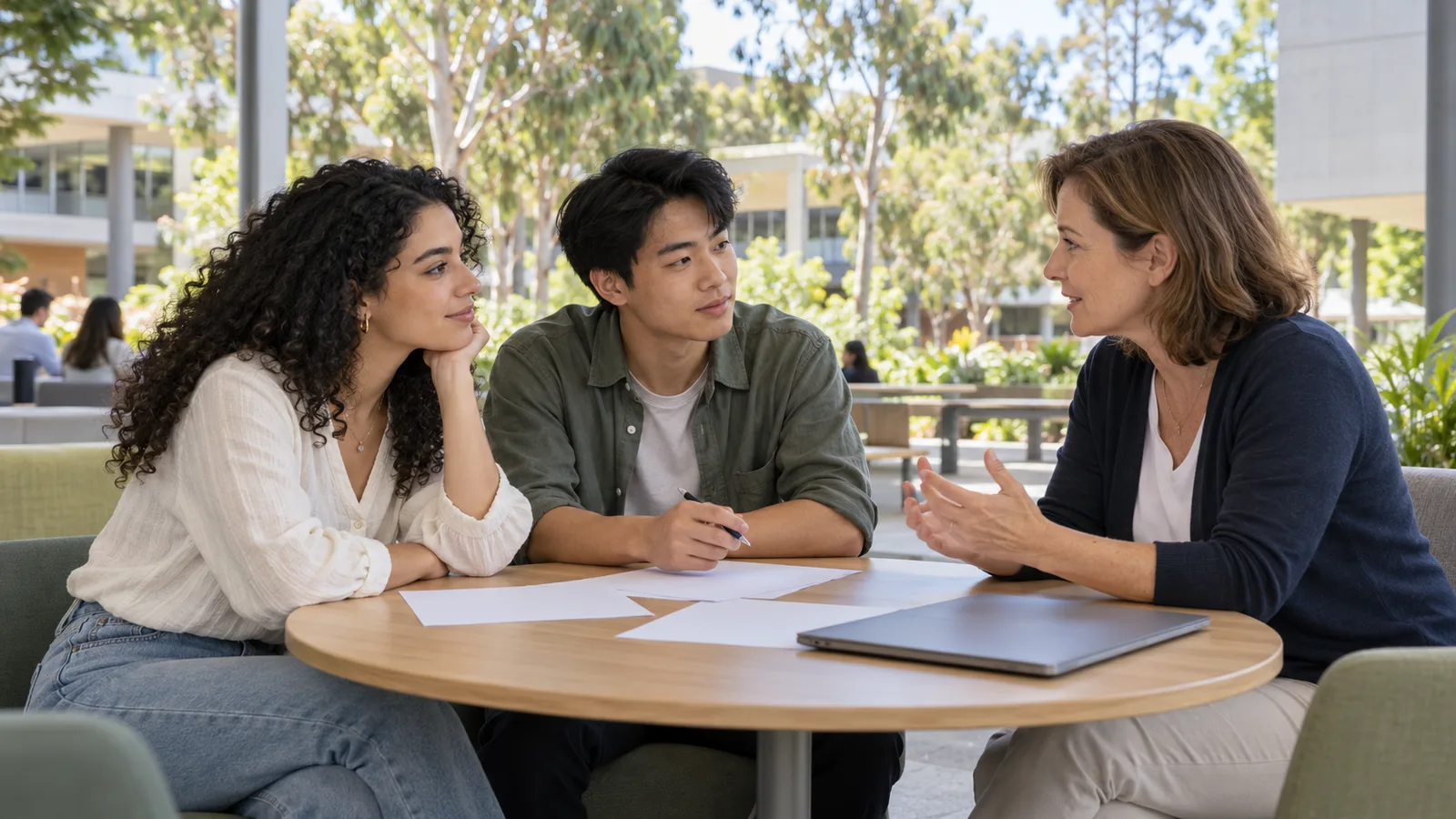 Deux étudiants français discutent de leur parcours avec une conseillère sur un campus australien.