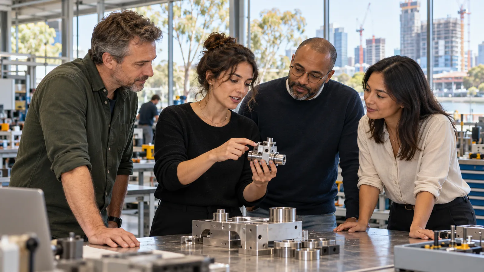 Quatre collègues examinent une pièce métallique dans un atelier lumineux, avec des immeubles en construction en arrière-plan.