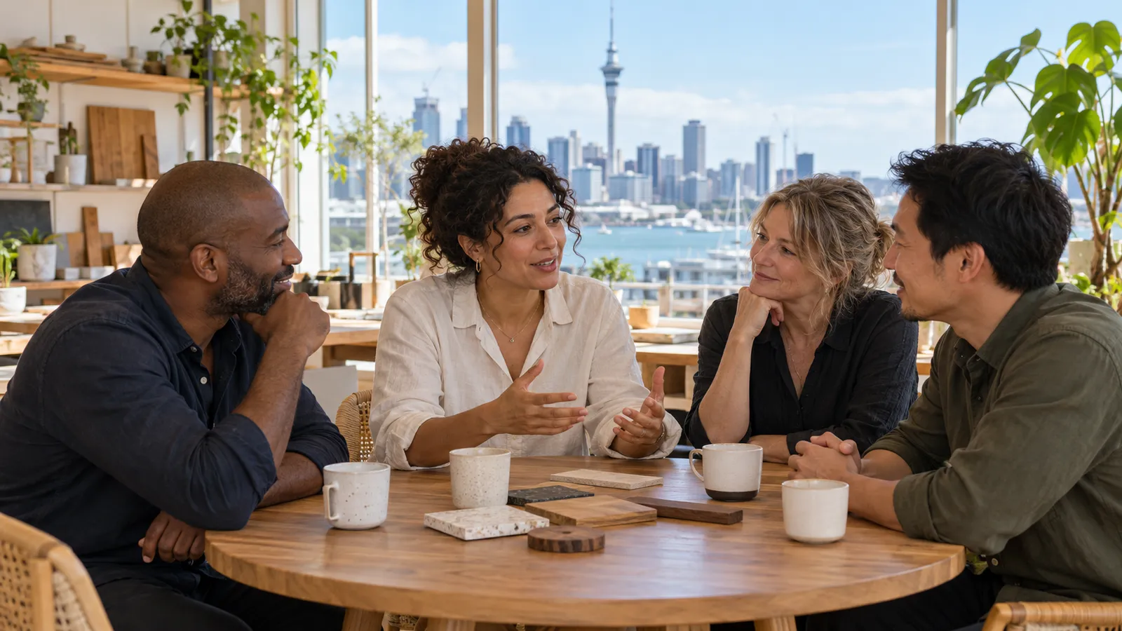 Quatre entrepreneurs échangent autour d’une table dans un atelier lumineux, avec la skyline d’Auckland en arrière-plan.