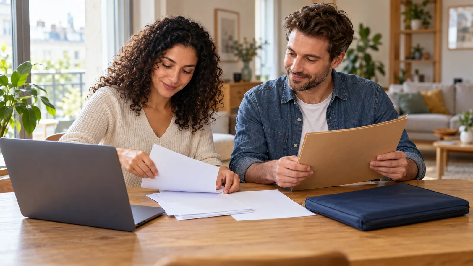 Un couple trie des feuilles et un dossier devant un ordinateur portable, à la table d’un appartement lumineux.