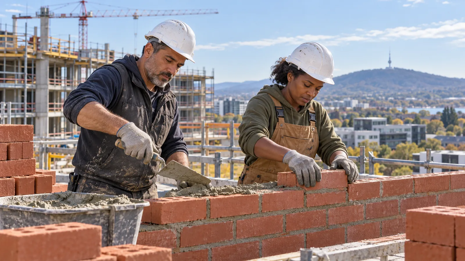 Un maçon et une maçonne montent un mur de briques sur un chantier à Canberra, avec des grues et des immeubles en arrière-plan.