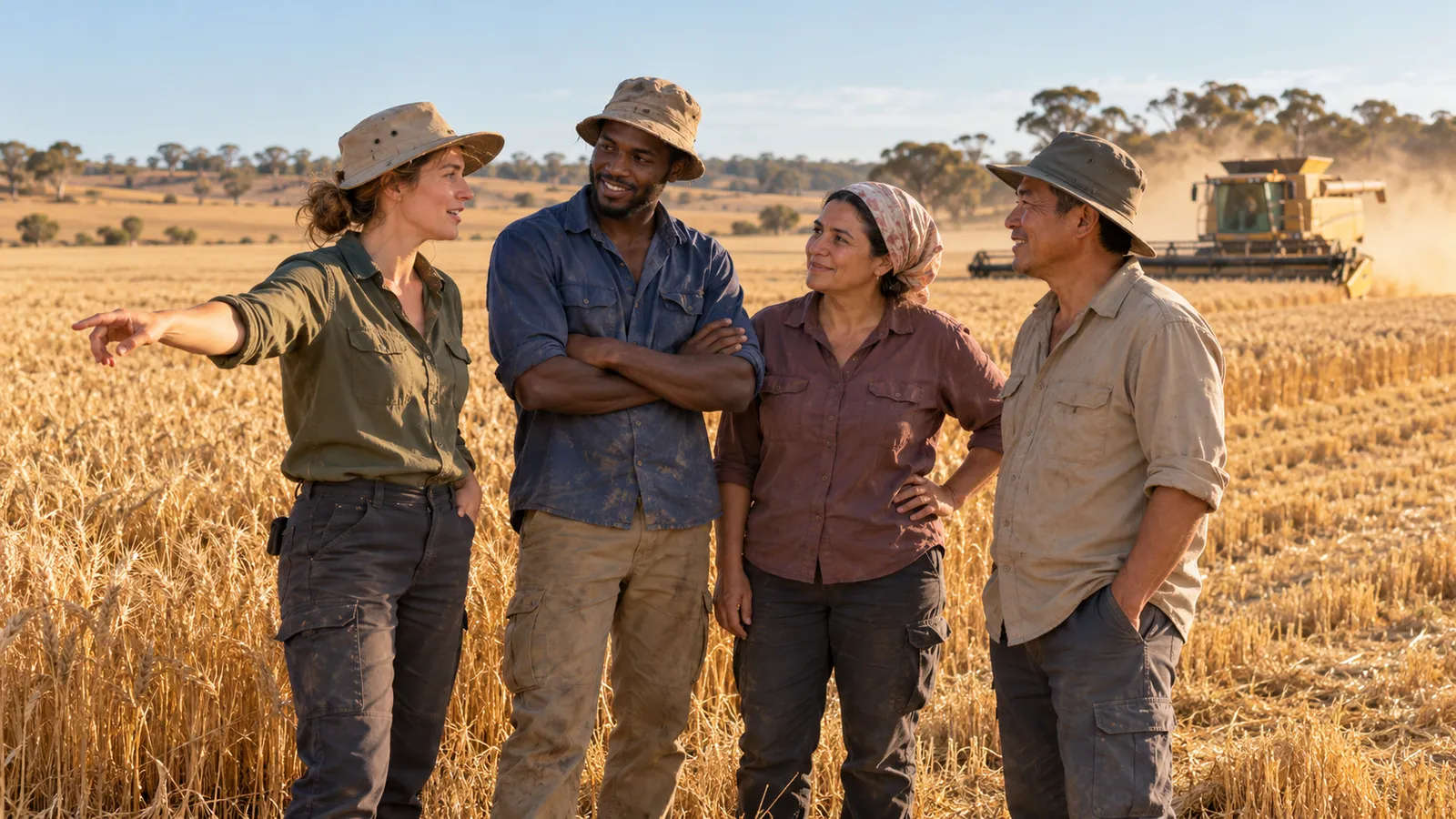 Quatre travailleurs agricoles discutent dans un champ de blé australien, avec une moissonneuse-batteuse en arrière-plan.