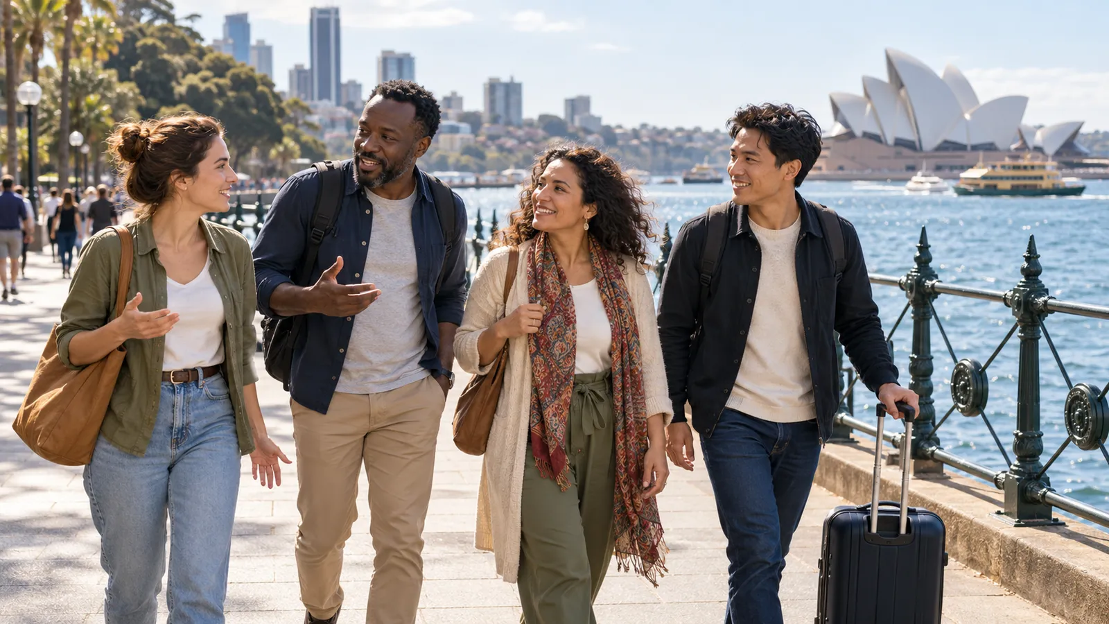 Quatre adultes discutent en marchant au bord du port de Sydney, avec une valise et l’Opéra en arrière-plan.