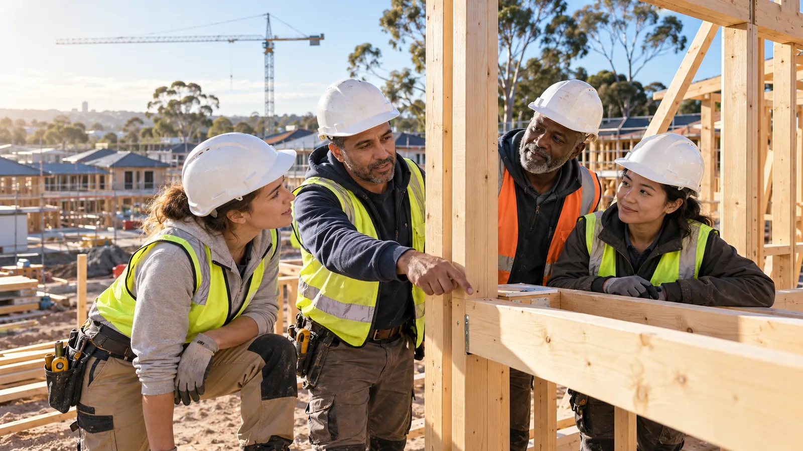 Quatre professionnels du bâtiment en casque examinent une ossature en bois sur un chantier résidentiel en Australie.