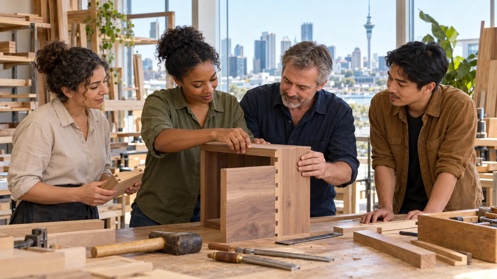 Quatre collègues assemblent un meuble en bois dans un atelier lumineux, avec la skyline d’Auckland en arrière-plan.
