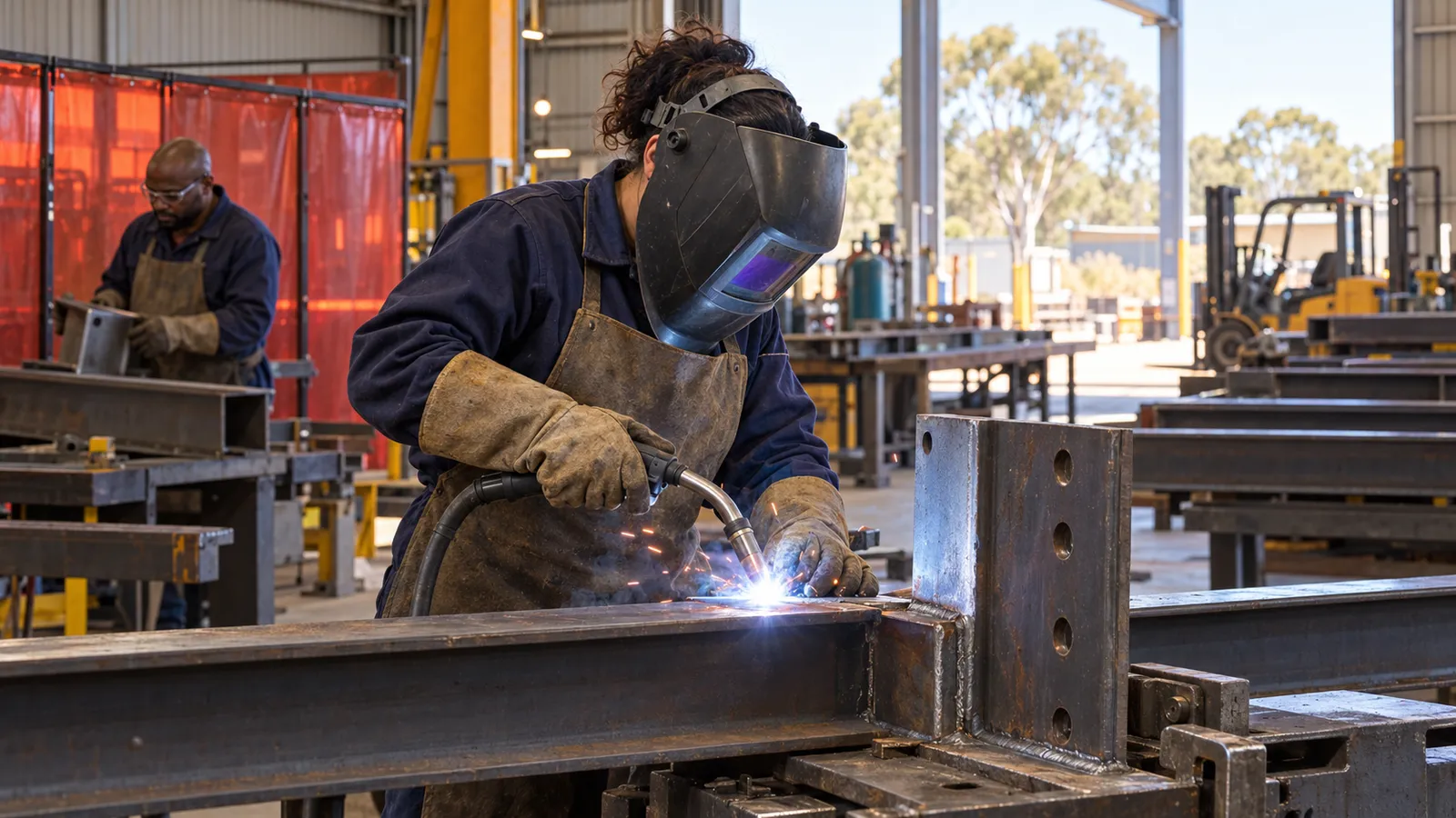 Une soudeuse assemble une poutre en acier dans un atelier australien lumineux, avec un collègue à l’arrière-plan.