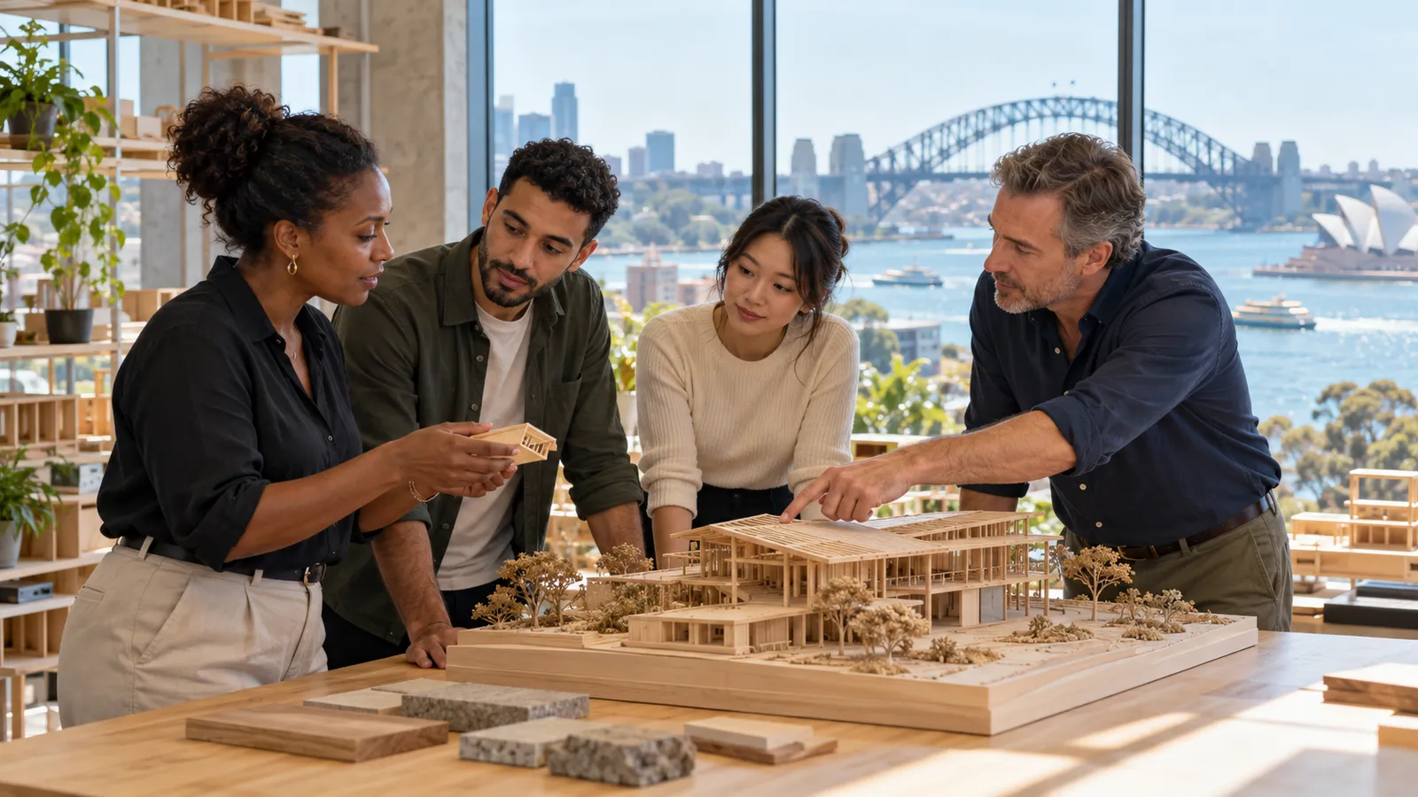 Quatre collègues travaillent sur une maquette en bois dans un atelier lumineux avec vue sur le port de Sydney.
