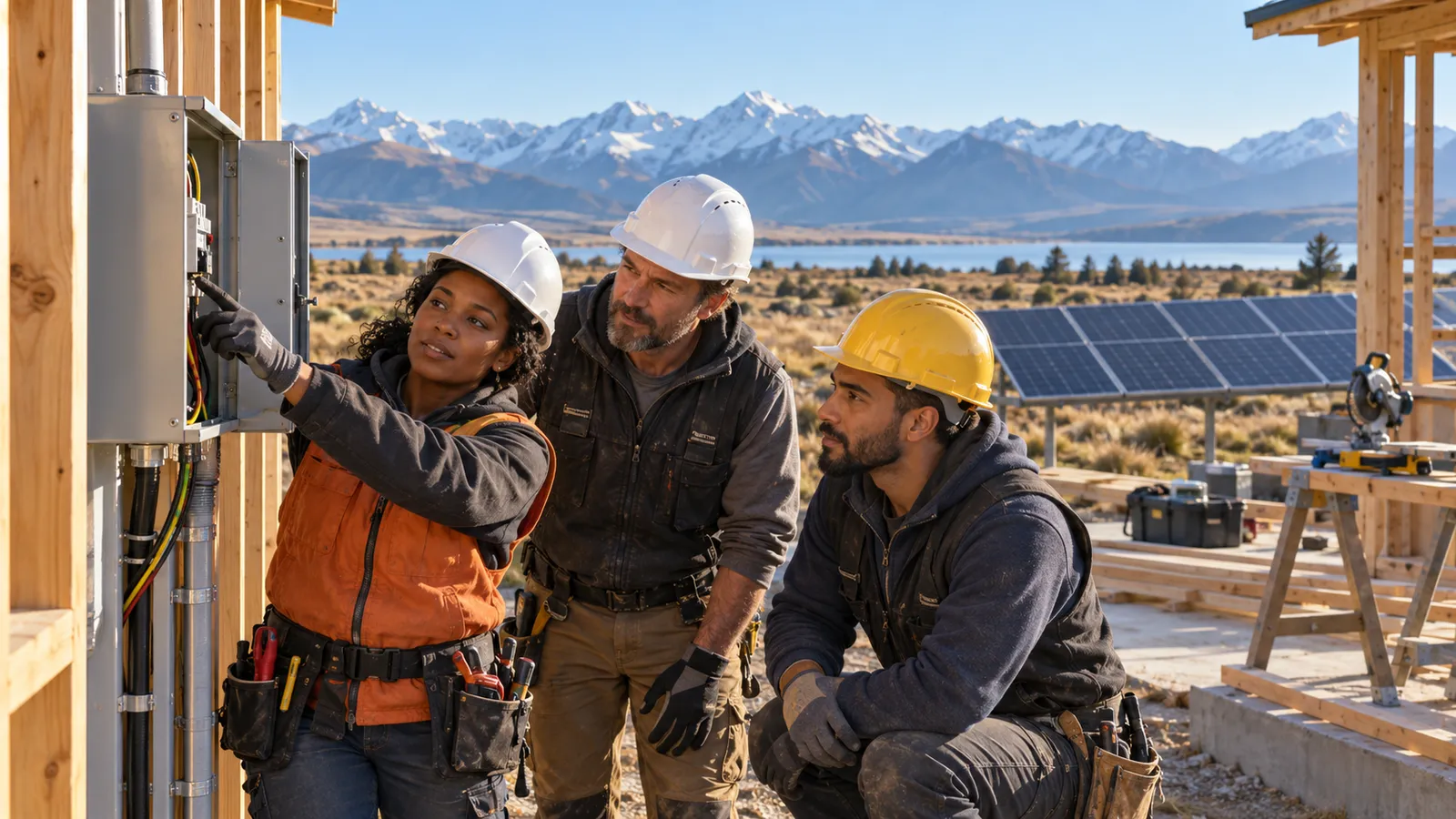 Trois artisans examinent un coffret électrique sur un chantier en Nouvelle-Zélande, entre panneaux solaires et montagnes.