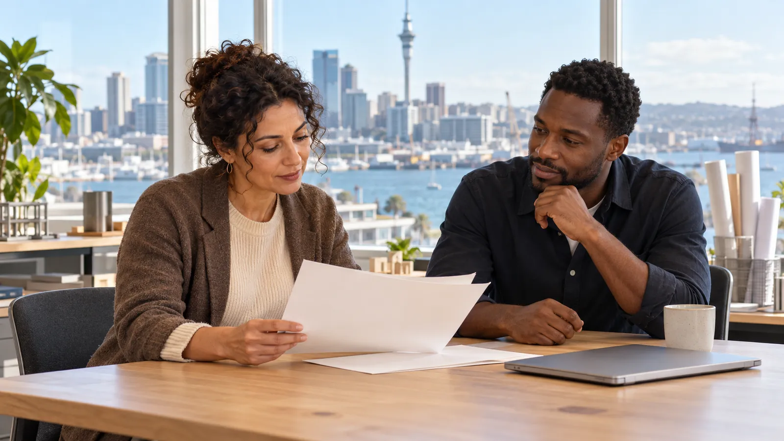 Une femme et un homme examinent des feuilles dans un bureau lumineux donnant sur le port et les immeubles d’Auckland.