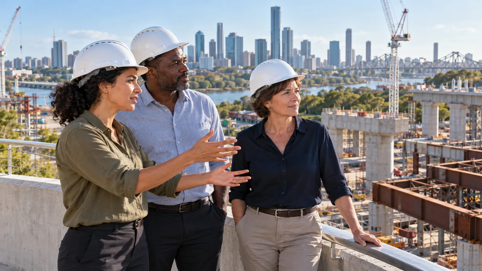 Trois professionnels casqués échangent sur un chantier d’infrastructure, avec les gratte-ciel de Brisbane en arrière-plan.
