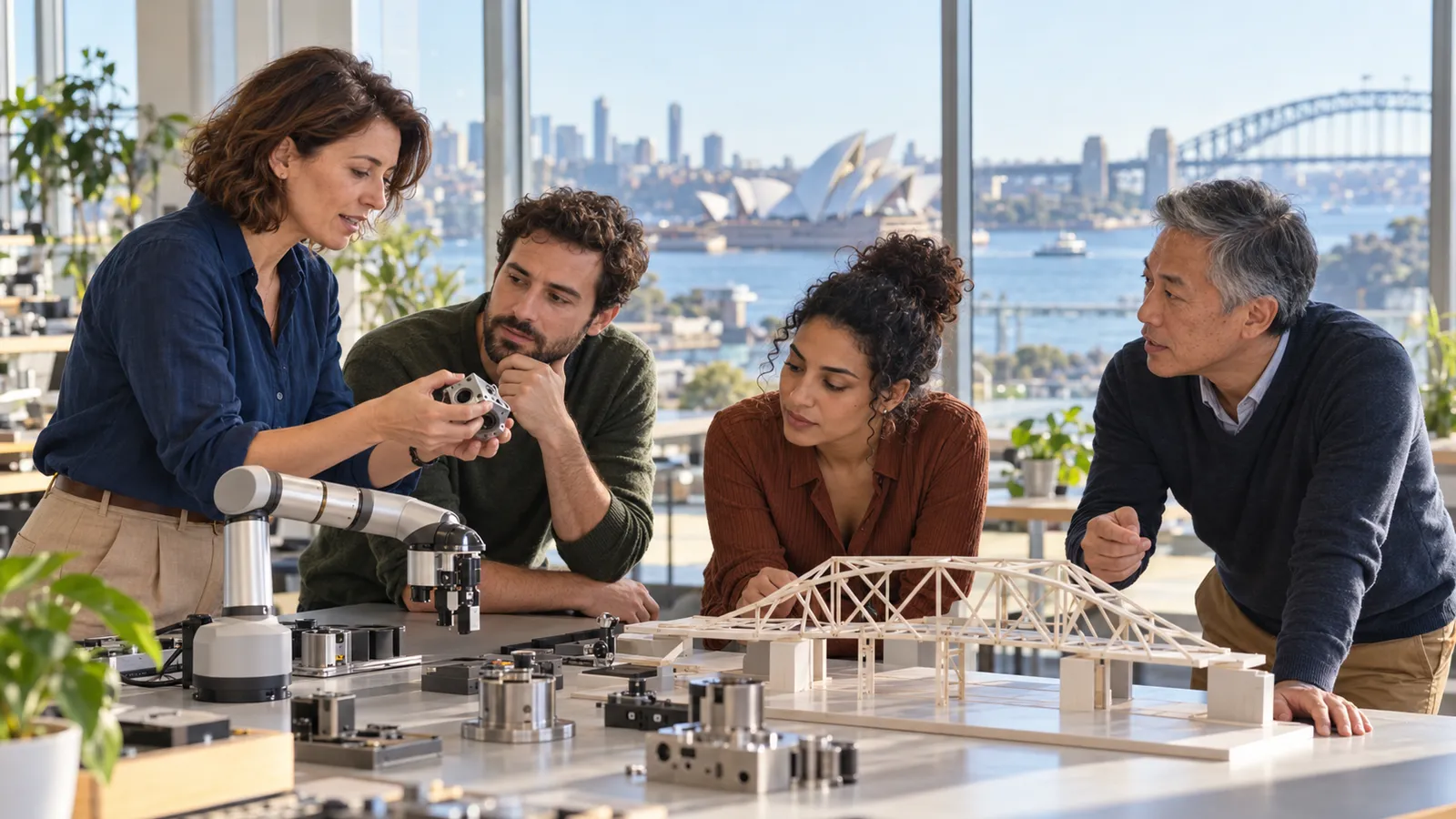 Quatre professionnels collaborent autour d’un bras robotisé et d’une maquette de pont dans un atelier donnant sur la baie de Sydney.