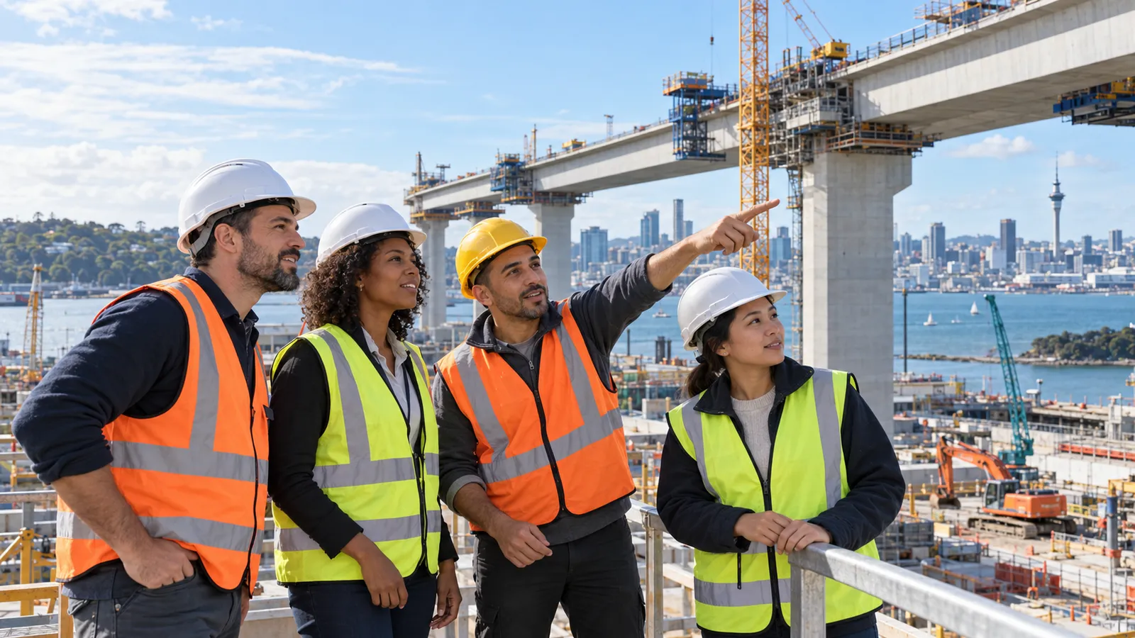 Quatre professionnels casqués observent un viaduc en construction devant le port et les immeubles d’Auckland.