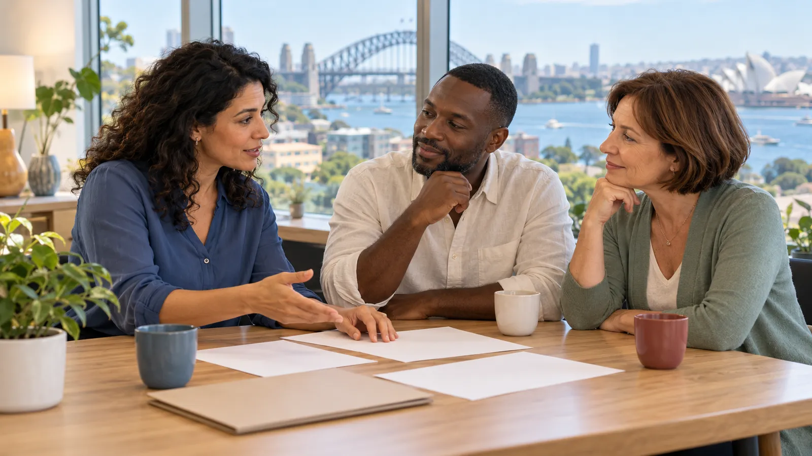 Trois adultes discutent autour d’une table couverte de feuilles vierges, dans un bureau lumineux donnant sur le port de Sydney.