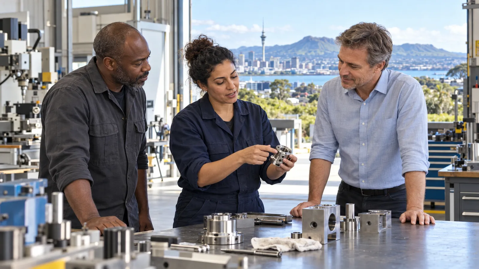 Une technicienne présente une pièce métallique à deux collègues dans un atelier lumineux, avec Auckland en arrière-plan.