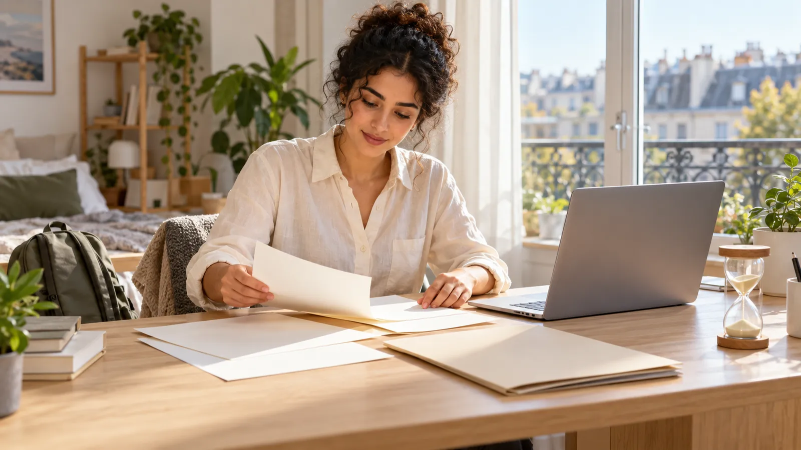 Une jeune femme trie des feuilles sur un bureau ensoleillé, à côté d’un ordinateur portable et d’un sablier.