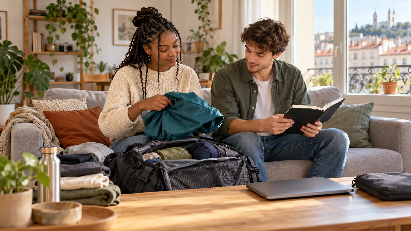 Deux jeunes adultes préparent un sac de voyage sur un canapé, entre une veste pliée et un carnet ouvert.