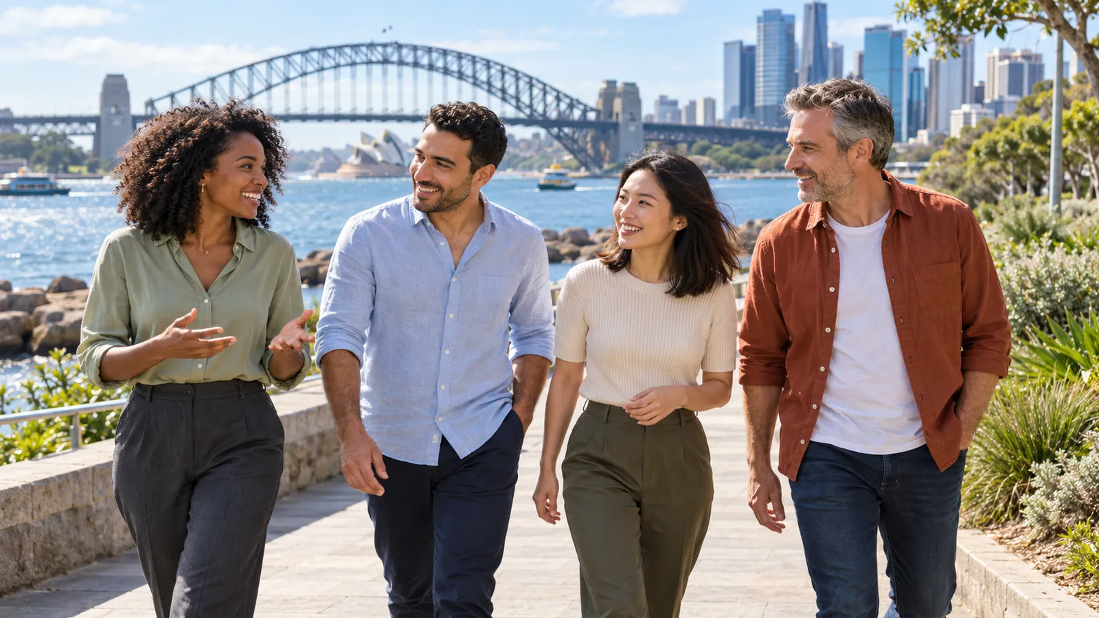 Quatre adultes discutent en marchant au bord de la baie de Sydney, avec le Harbour Bridge en arrière-plan.