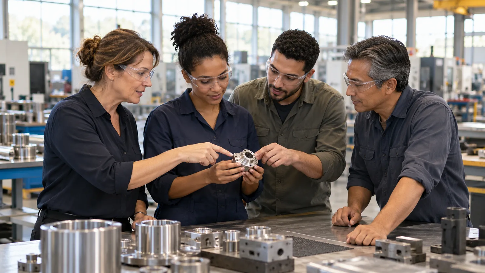 Quatre collègues portant des lunettes de protection examinent une pièce métallique dans un atelier industriel lumineux.