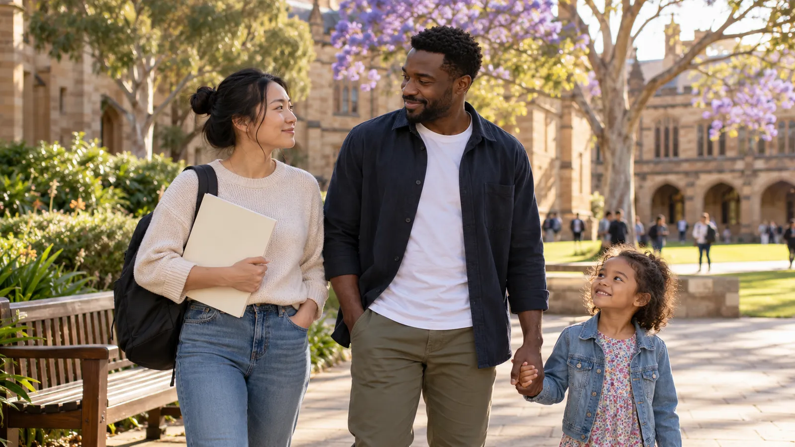 Une étudiante avec un sac à dos et un dossier marche avec son conjoint et leur enfant sur un campus australien ensoleillé.
