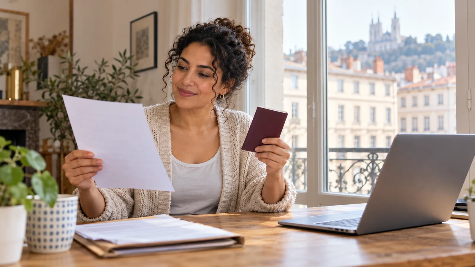 Une femme à Lyon compare un document à son passeport, assise près d’une fenêtre avec un ordinateur sur le bureau.