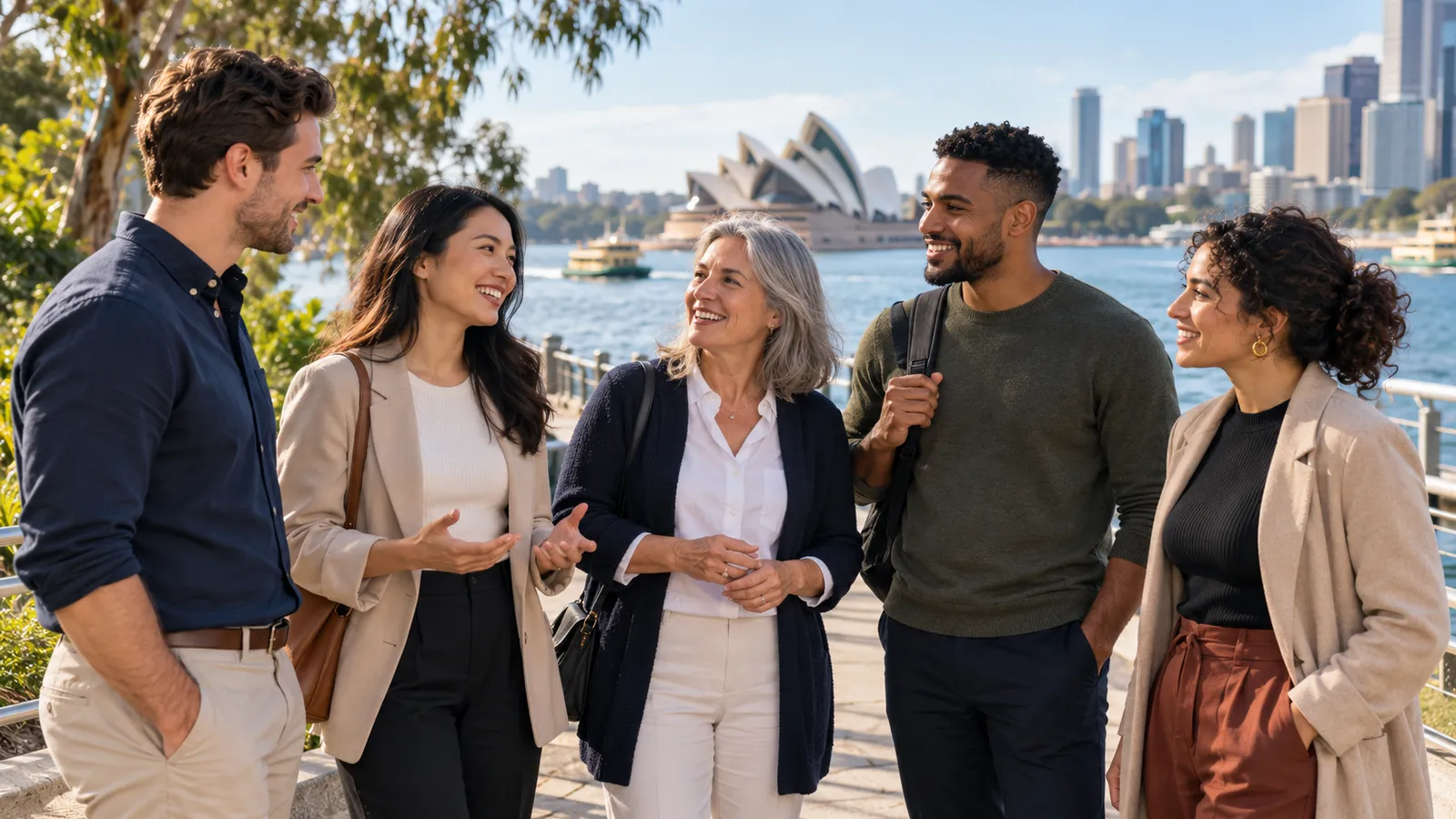 Cinq adultes d’âges et d’origines variés discutent au bord de la baie de Sydney, avec l’Opéra en arrière-plan.