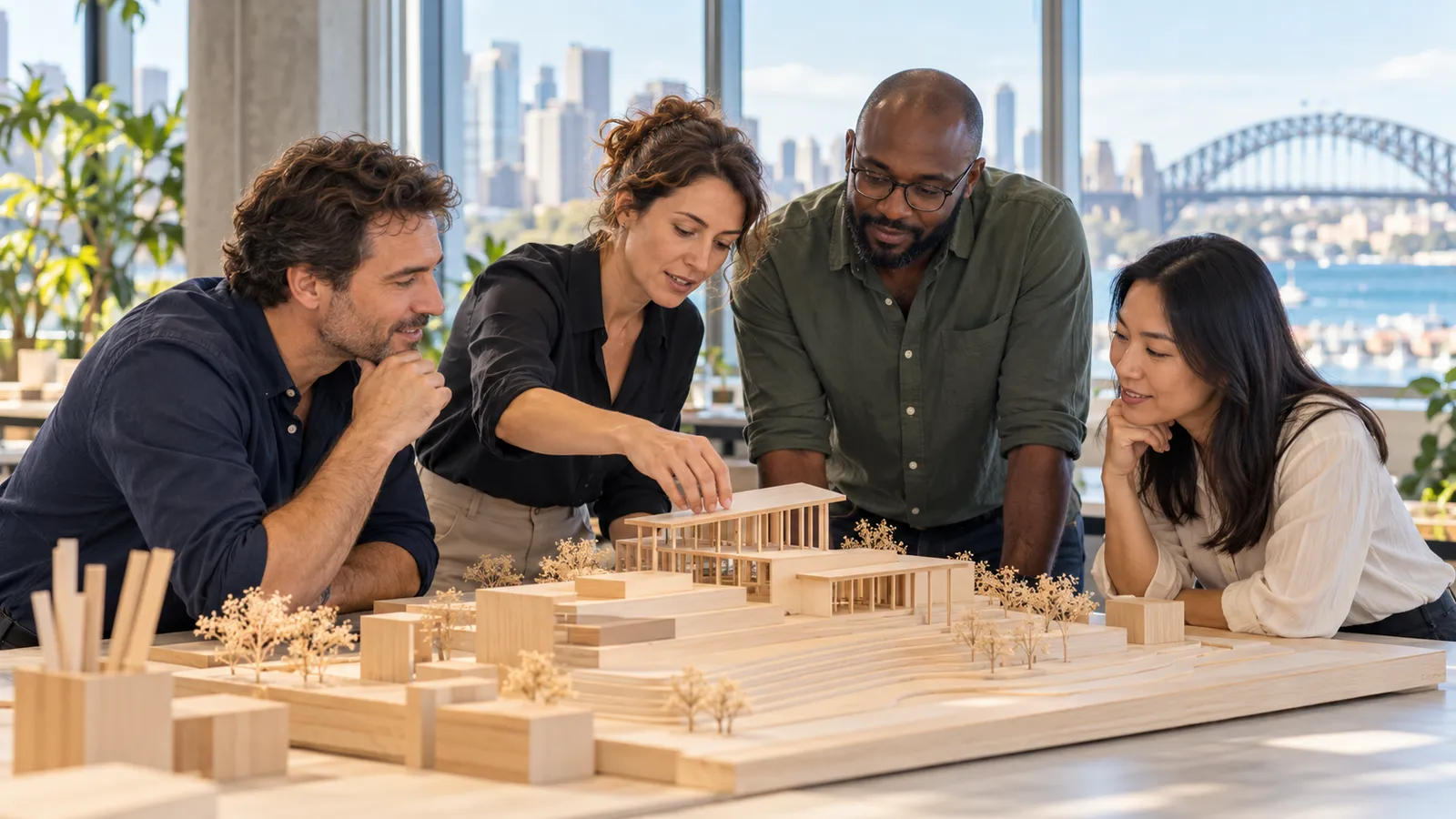 Quatre collègues examinent une maquette en bois dans un bureau lumineux, avec le pont de Sydney en arrière-plan.