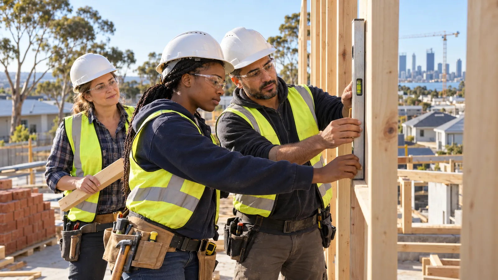 Trois professionnels du bâtiment vérifient au niveau à bulle une ossature en bois sur un chantier en Australie.