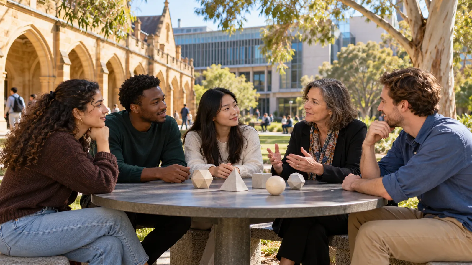 Quatre étudiants échangent avec une enseignante autour d’une table dans la cour ensoleillée d’une université australienne.