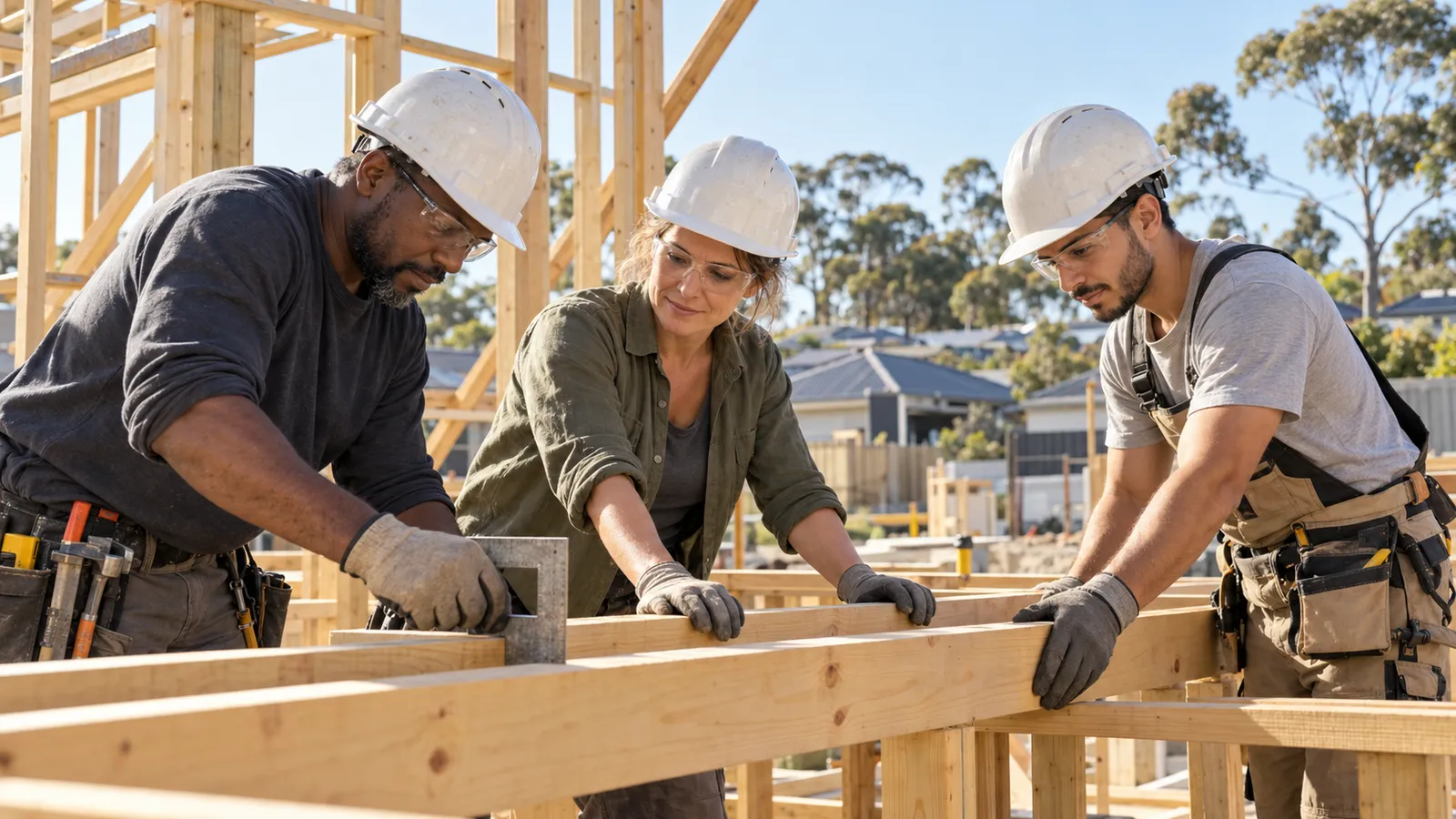 Trois artisans casqués assemblent une ossature en bois sur un chantier résidentiel en Australie.