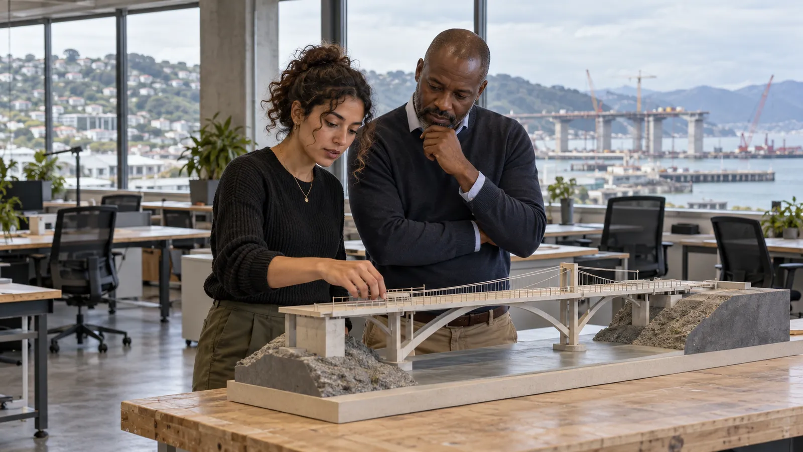Une jeune ingénieure et son collègue examinent une maquette de pont dans un bureau donnant sur un chantier à Wellington.