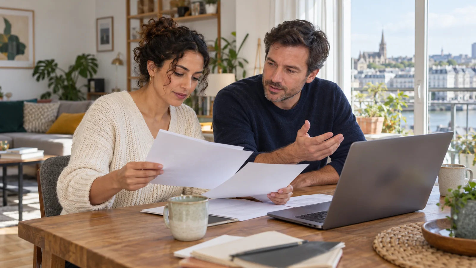 Deux professionnels examinent des documents à une table avec un ordinateur portable dans un appartement lumineux à Nantes.