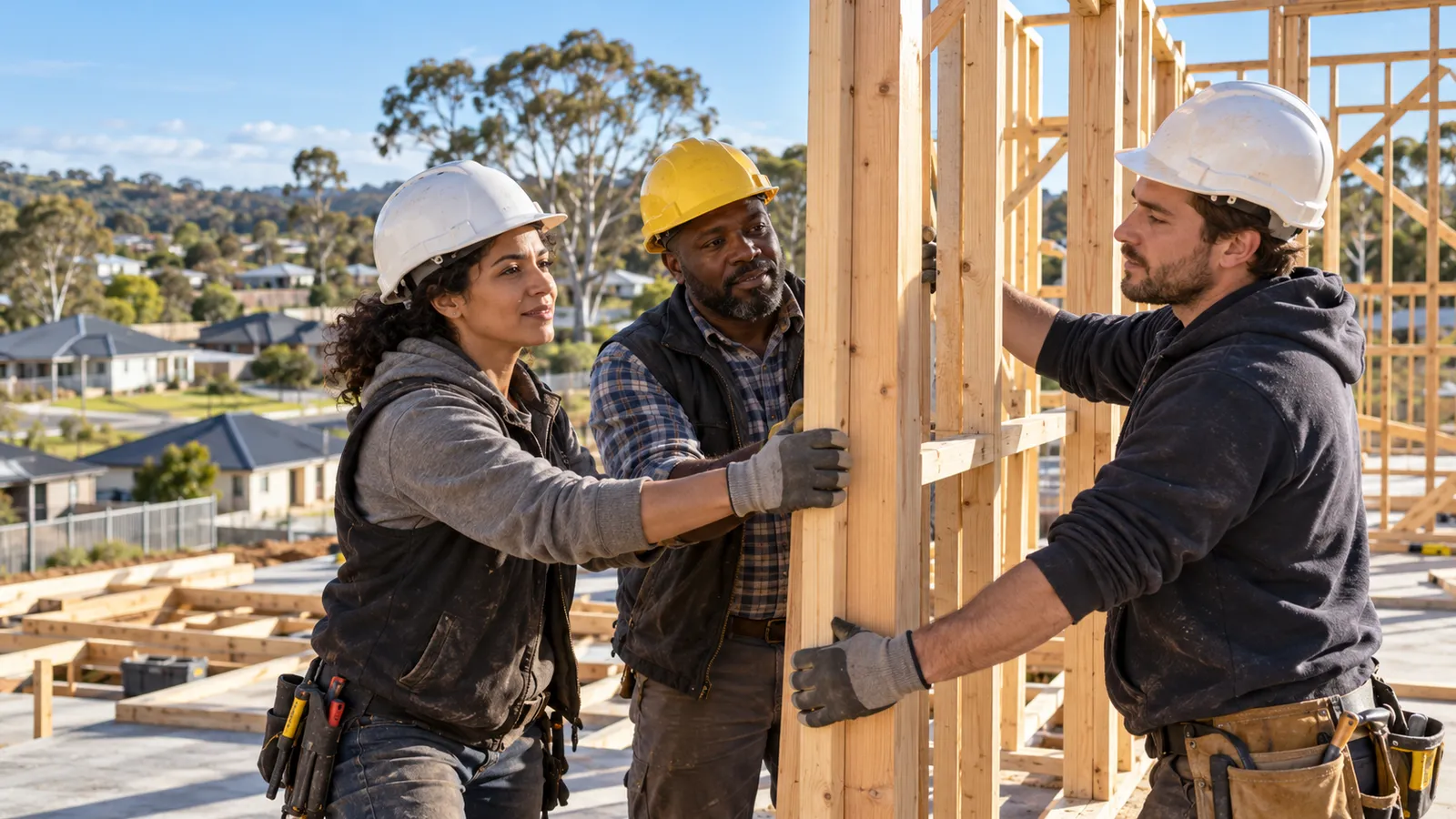 Trois professionnels du bâtiment en casque assemblent une ossature en bois sur un chantier résidentiel en Australie.