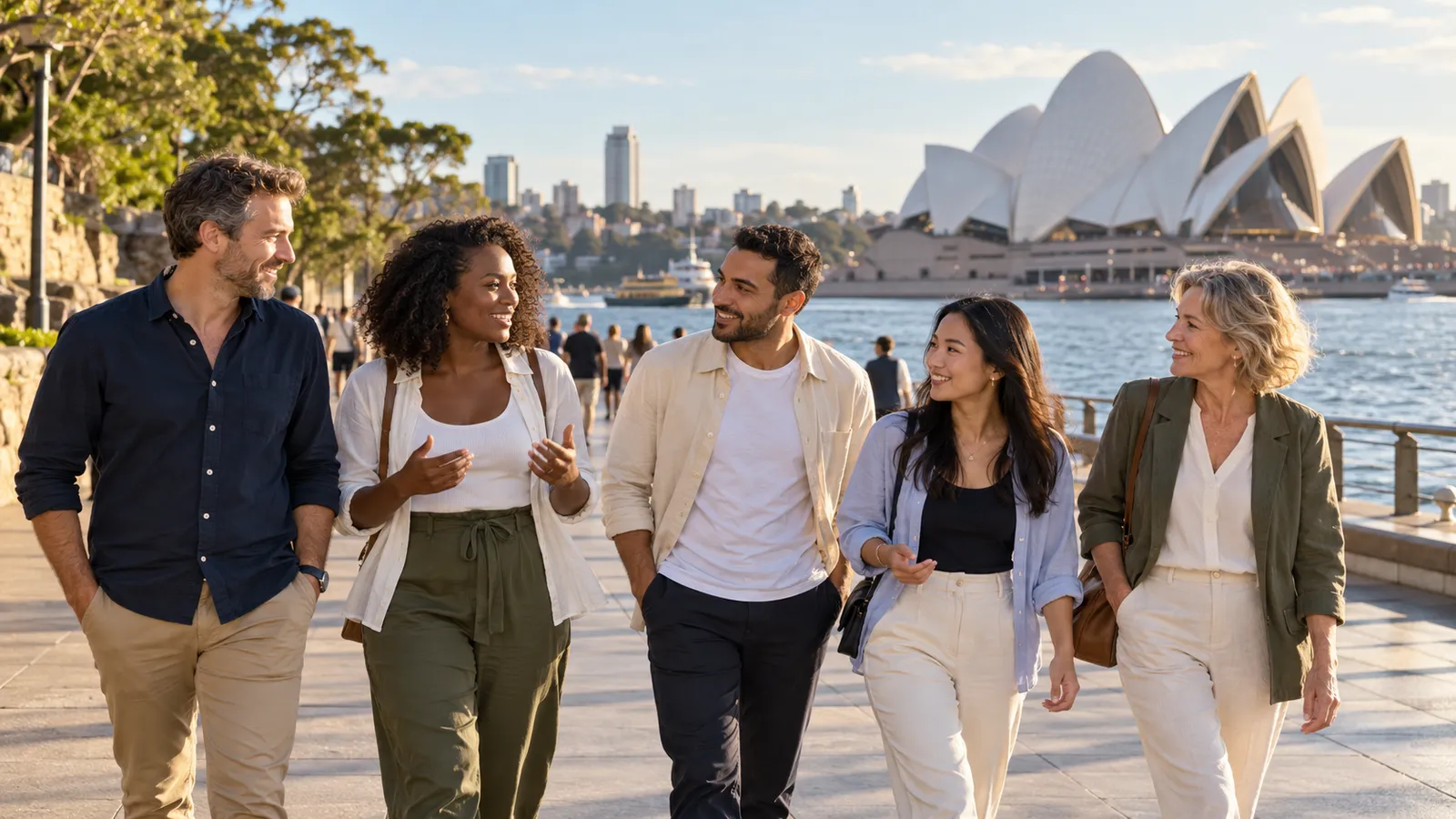 Cinq adultes discutent en marchant au bord du port de Sydney, avec l’Opéra en arrière-plan.