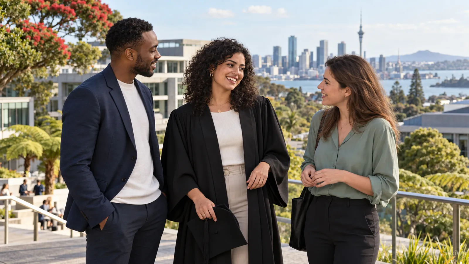 Une diplômée en toge discute avec deux jeunes adultes sur une terrasse universitaire, avec Auckland en arrière-plan.