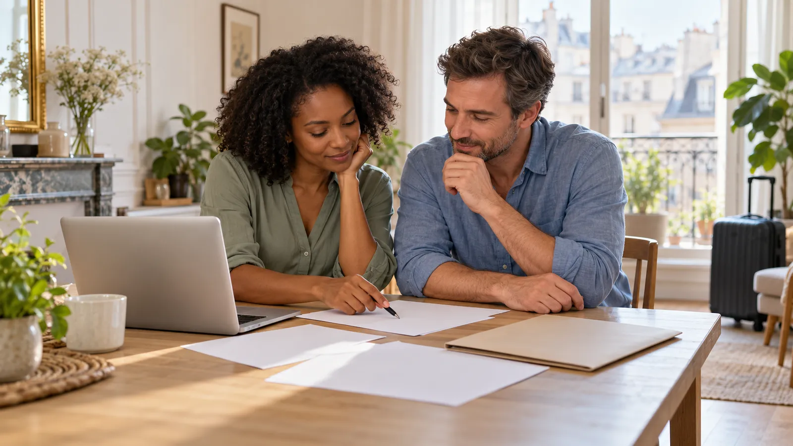 Deux adultes préparent des documents à une table, avec un ordinateur et une valise dans un appartement lumineux.