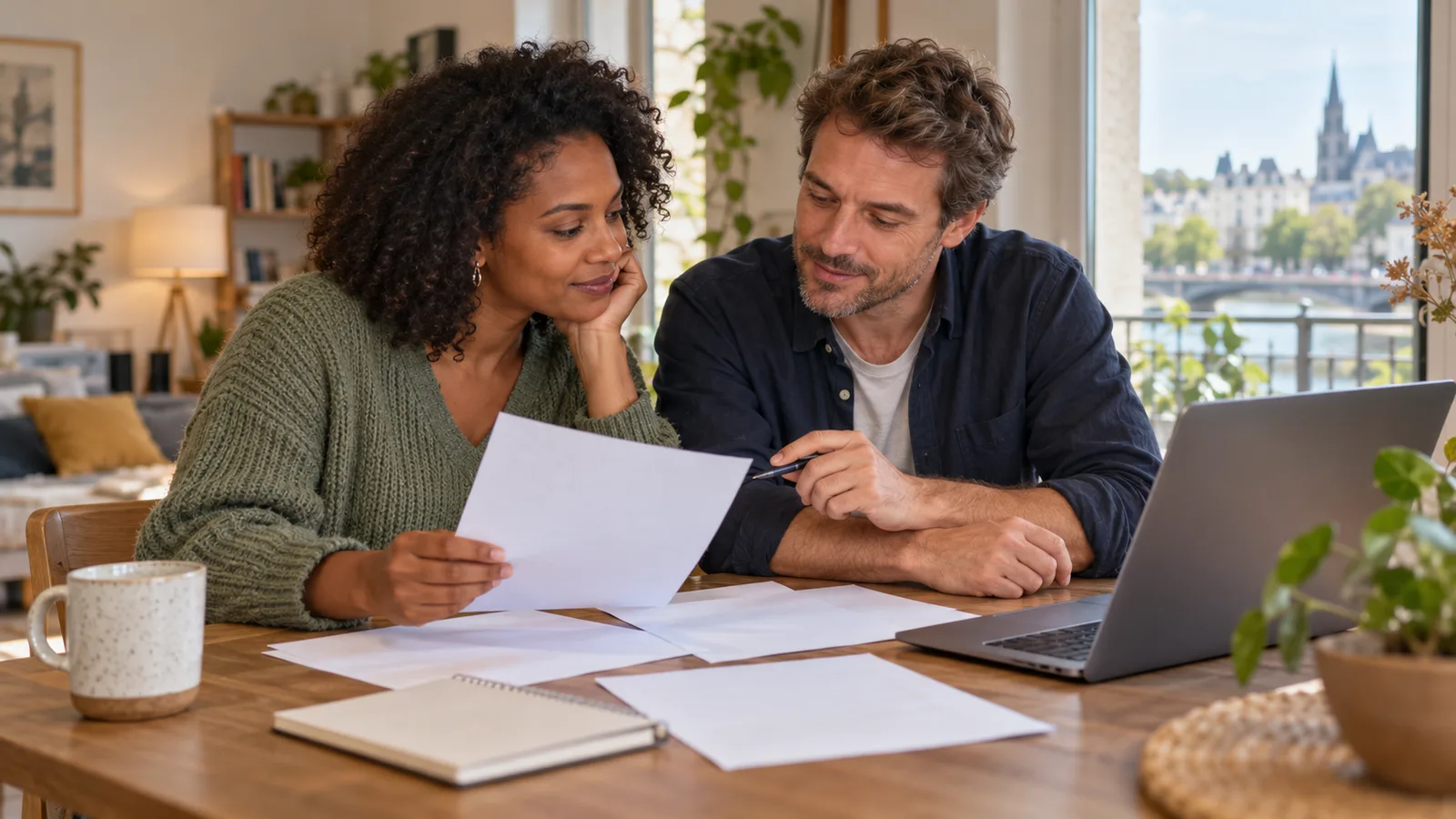 Un couple français examine des papiers à côté d’un ordinateur portable dans un appartement lumineux.