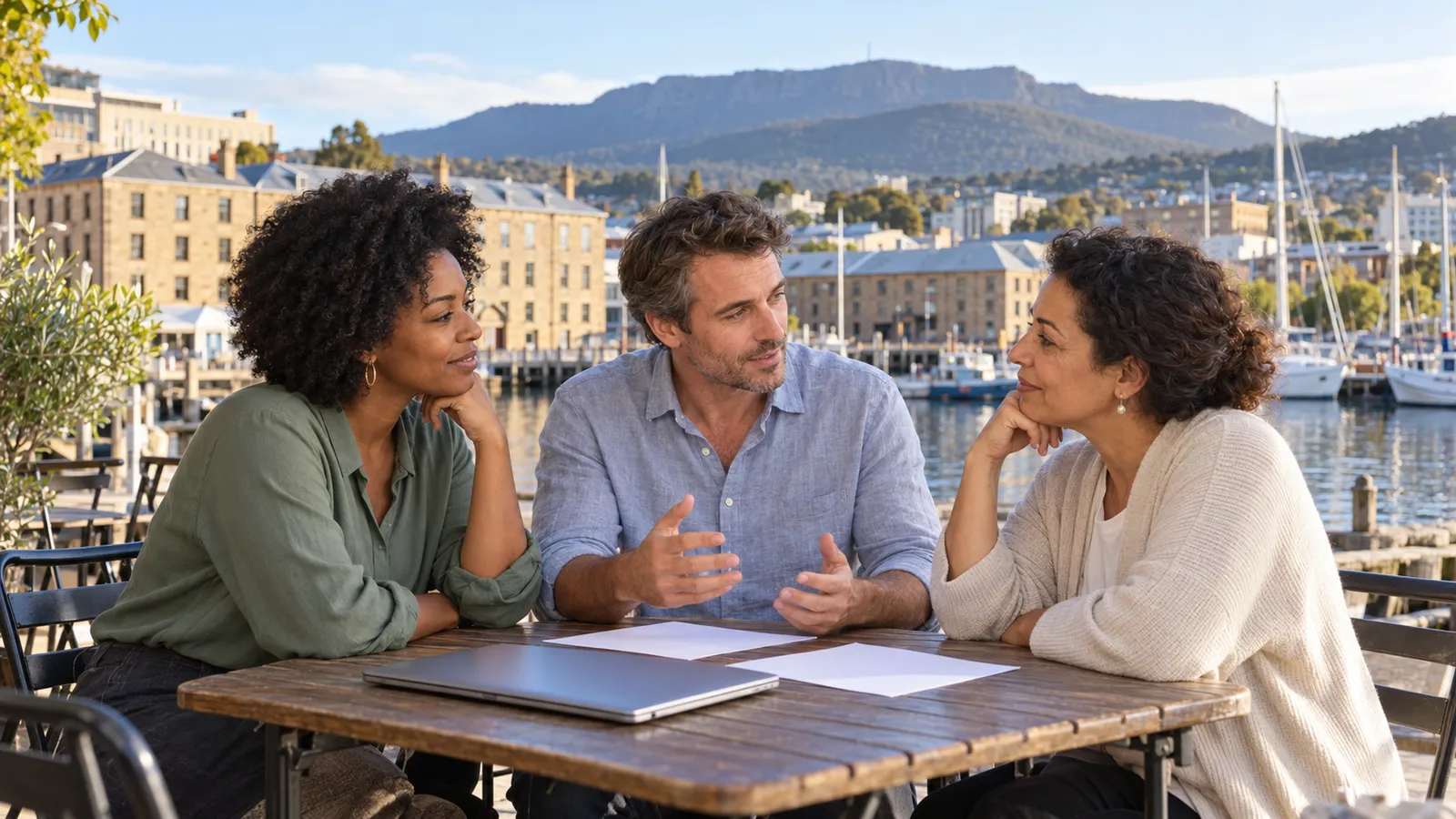 Trois adultes discutent autour d’une table avec un ordinateur fermé et des feuilles vierges, face au port de Hobart.